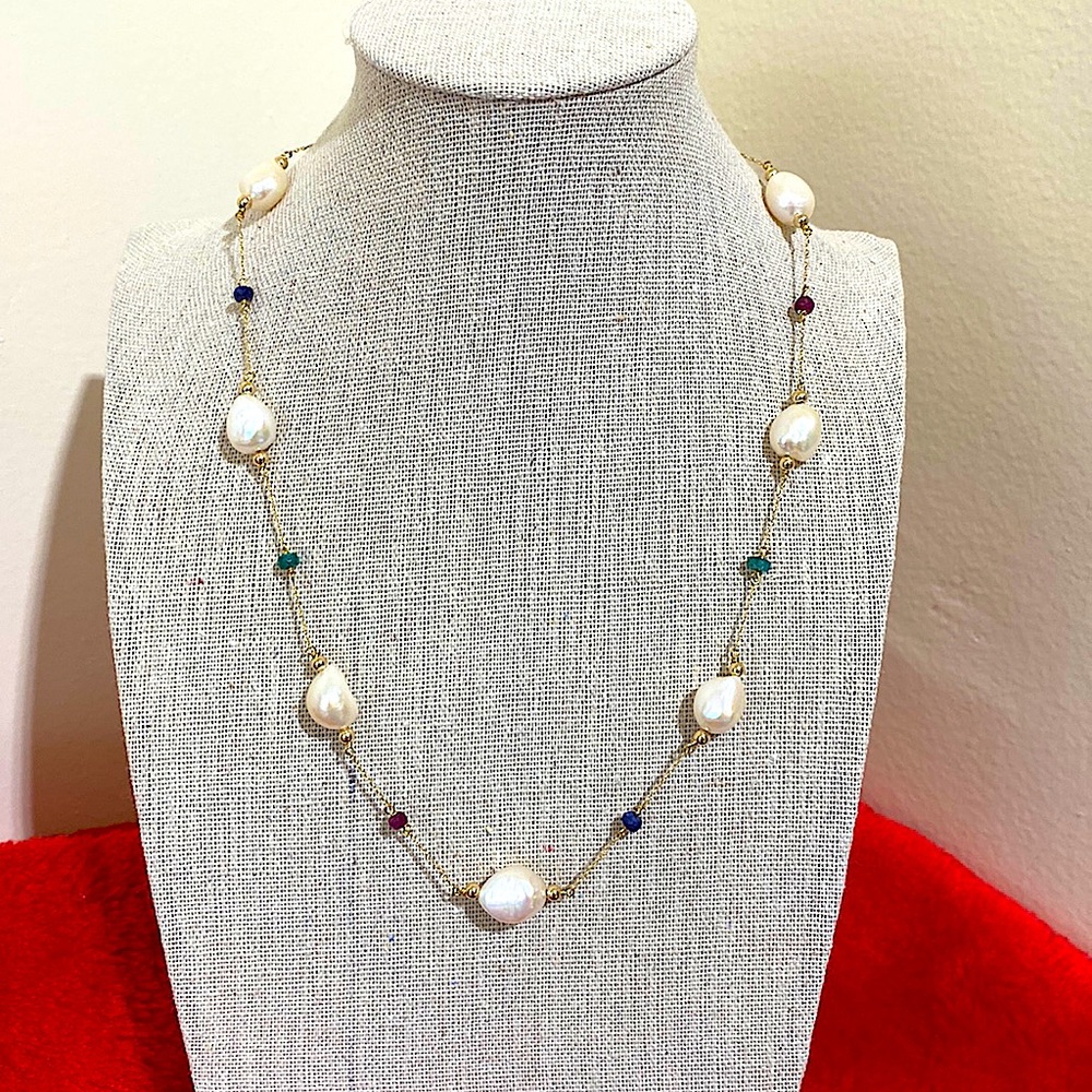 14kt Yellow Gold Freshwater Pearl and Multi-Gemstone Necklace. 16”